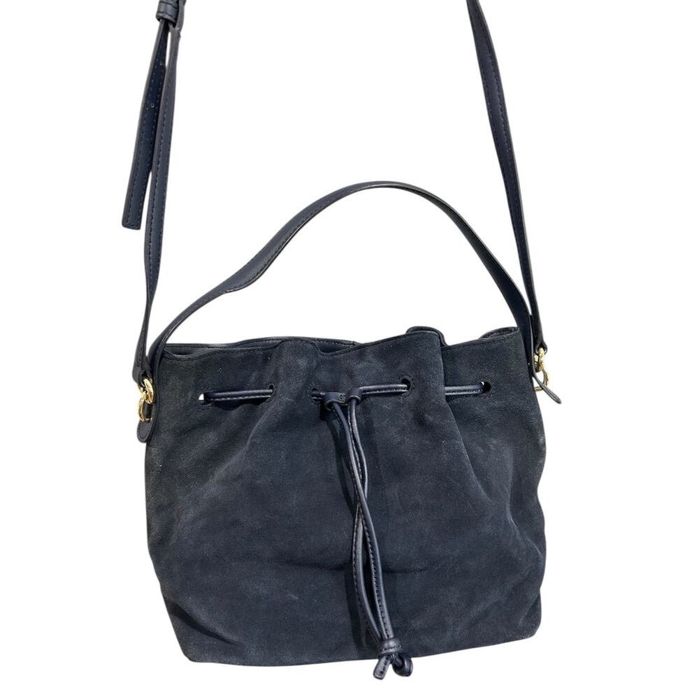 Talbots Blue Suede Drawstring Bucket Bag Purse Top Handle and Strap - Picture 6 of 13